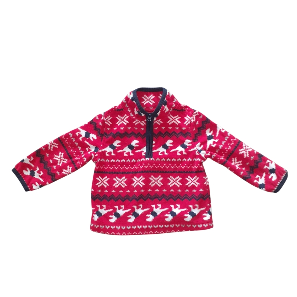 OshKosh B'gosh Red White Dinosaur Christmas Zip Up Pullover Fleece Sweatshirt